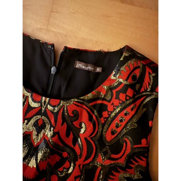 J. McLaughlin Dress Sheath Sleeveless Jacquard Stretch Red Gold Holiday 10 - Picture 4 of 5
